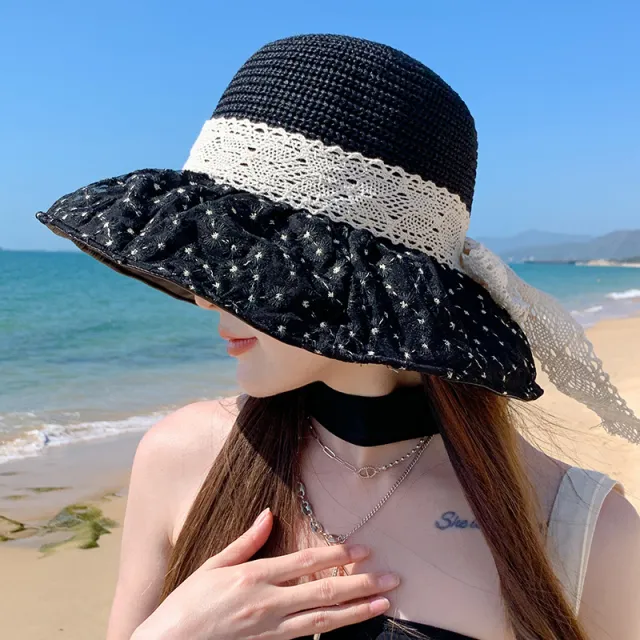 Summer Seaside Vacation Sun Protection Sun Hat Fashion Foldable Black - Shop at LoveMi