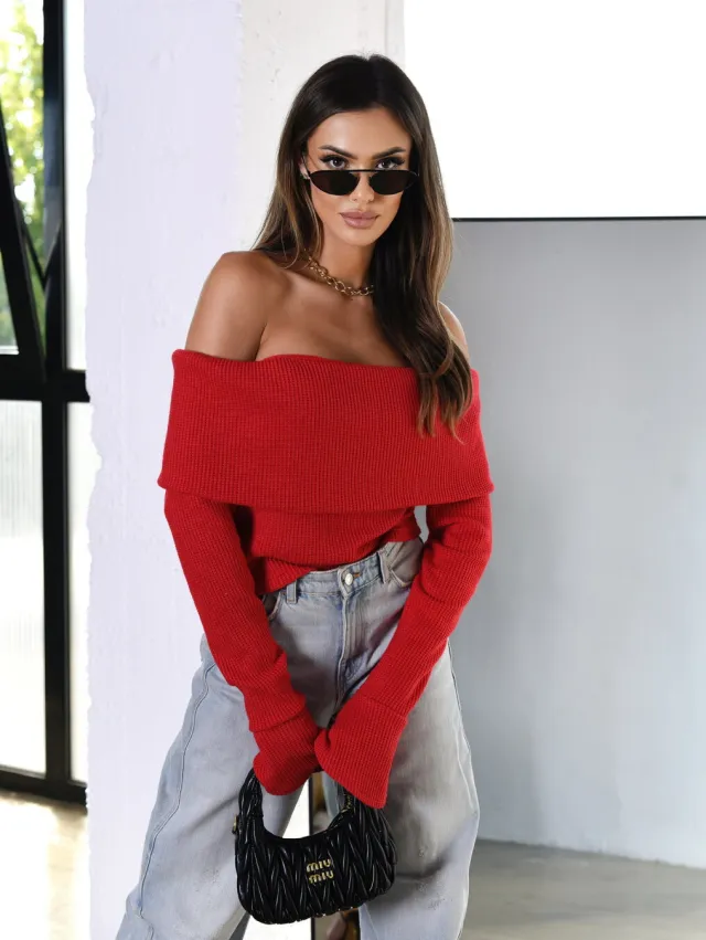 Women's Patchwork Off shoulder Knitted Top Red - Shop at LoveMi