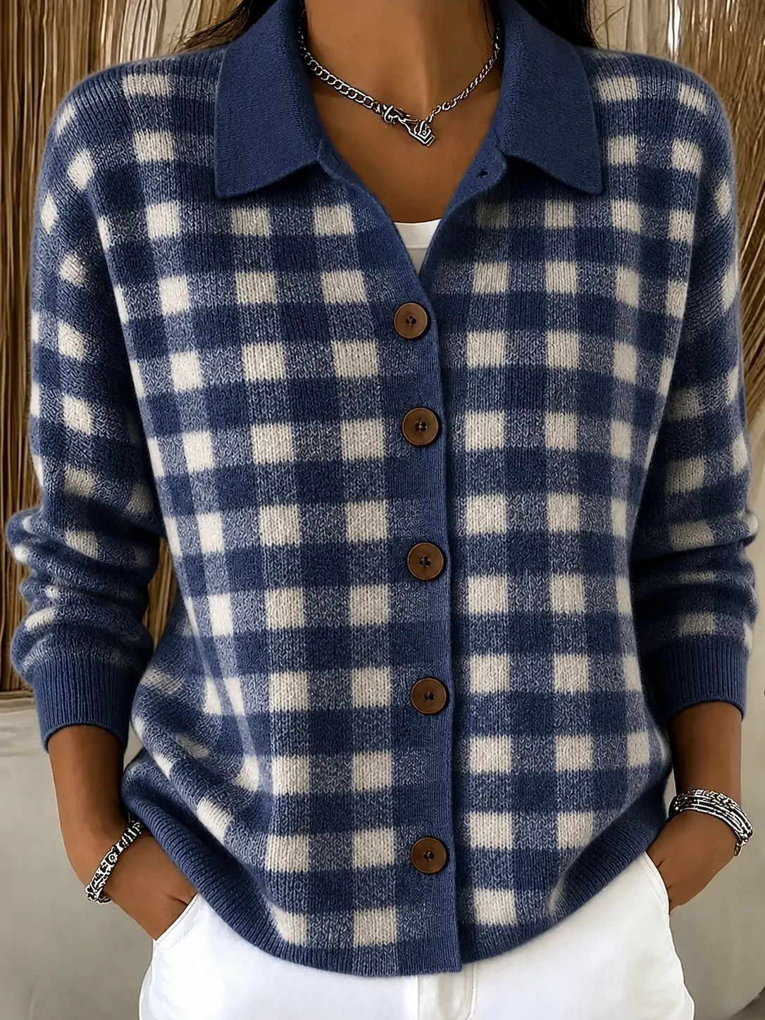 New Fallwinter Womens Loose-fit Plaid Long-sleeve Lapel Sweater Cardigan