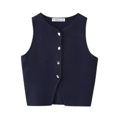 Women's Knitted Short Top - Blue - View 1
