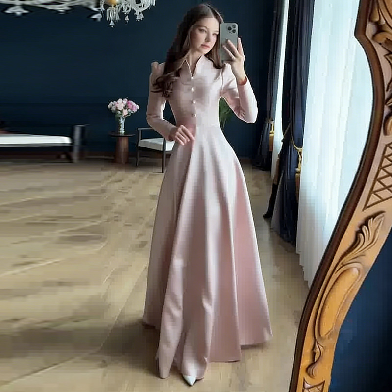 New Womens Waist-cinching V-neck Long-sleeve Minimalist Maxi Dress