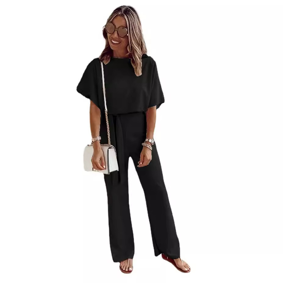 Women's Loose Casual Lace Up Jumpsuit Short Sleeve - Image 4
