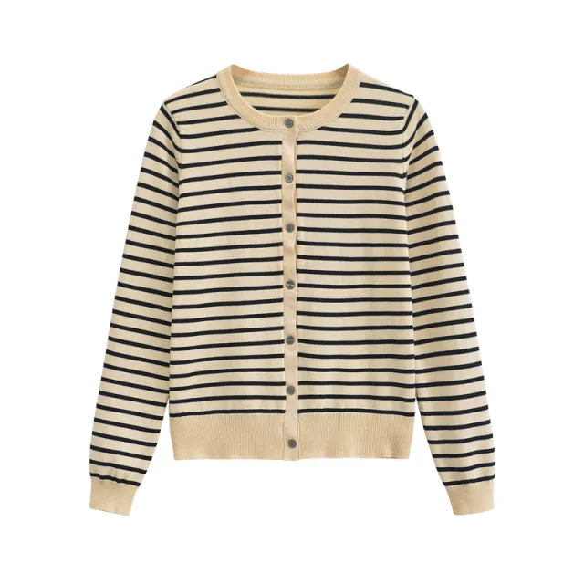 Women's Round Neck Cardigan Striped Contrast Color Sweater - Shop at LoveMi