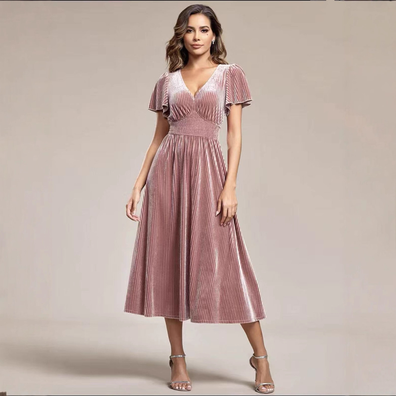 Waist cinching Flared Velvet Short sleeve Dress Pink - Shop at LoveMi