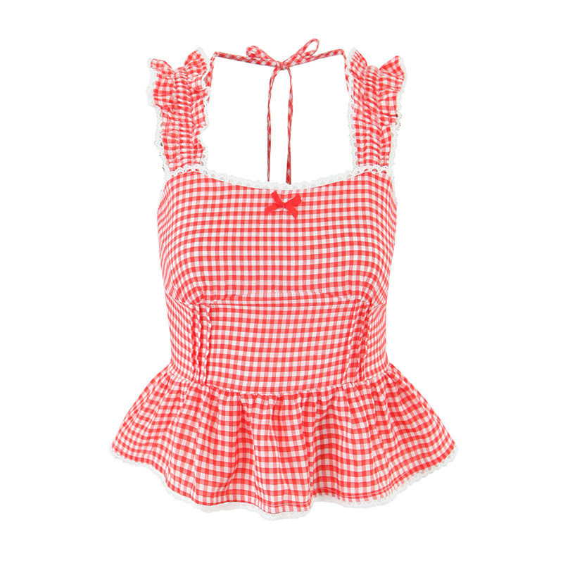 Sweet Style Color-contrast Check Short Camisole