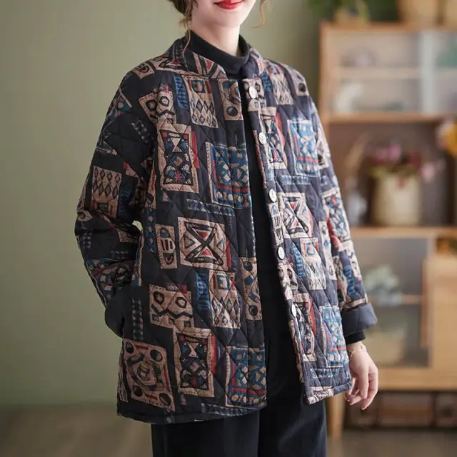 Ethnic Style Vintage Printed Quilted Stand Collar Jacket Winter Thick Cotton Coat Black - Shop at LoveMi