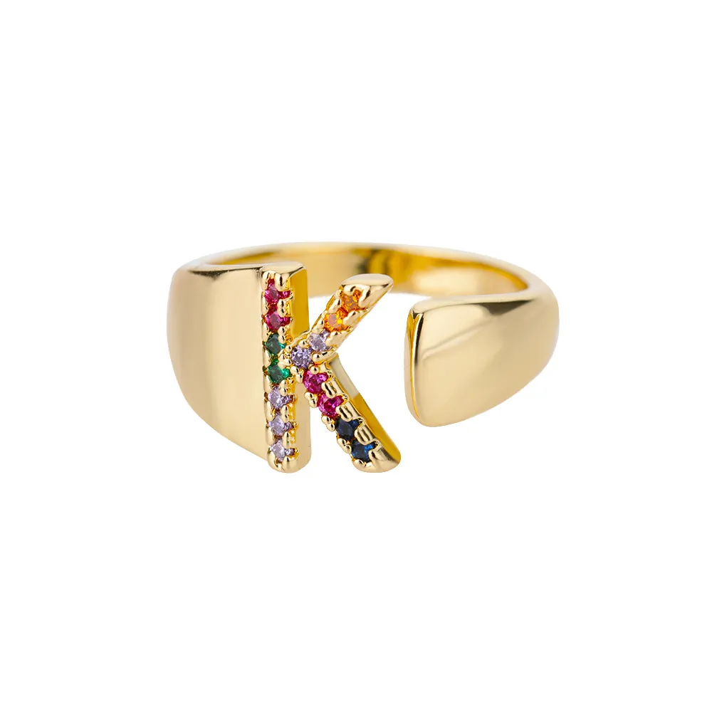 Fashion Micro-set Colored Zirconium 26 English Letters Adjustable Open Ring - K