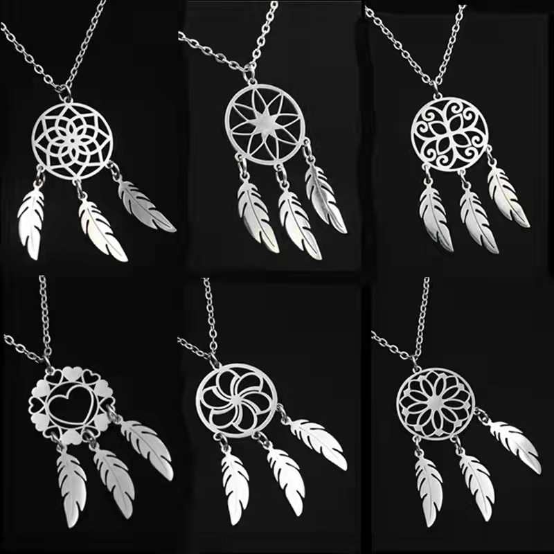 Stainless Steel Special-interest Design Hollow Tassel Feather Leaf Dreamcatcher Necklace