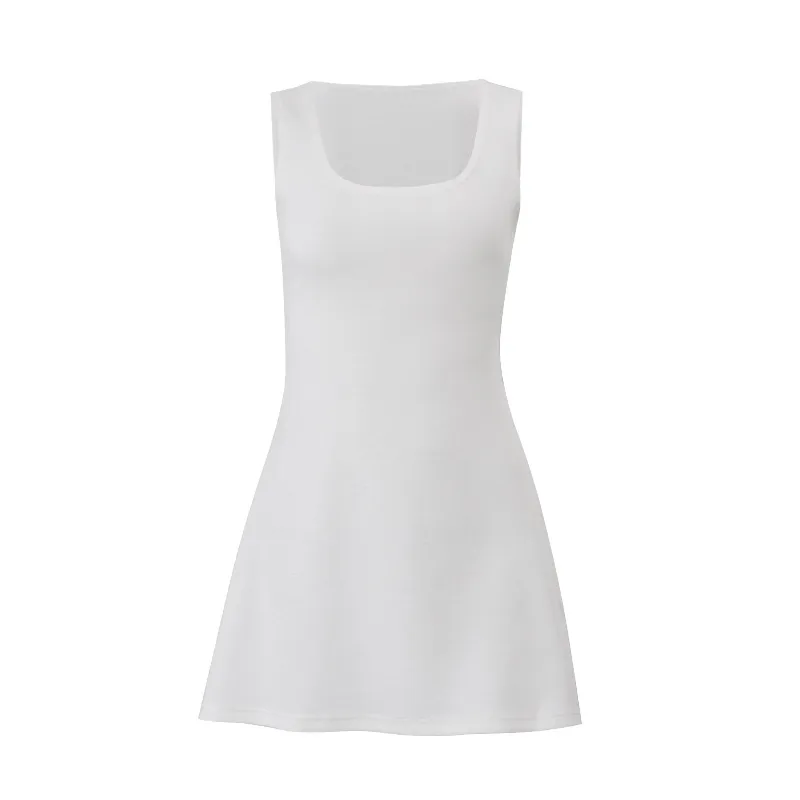U Collar Solid Color Short Skirt Slim-fit Lace Up Sleeveless Dress - White