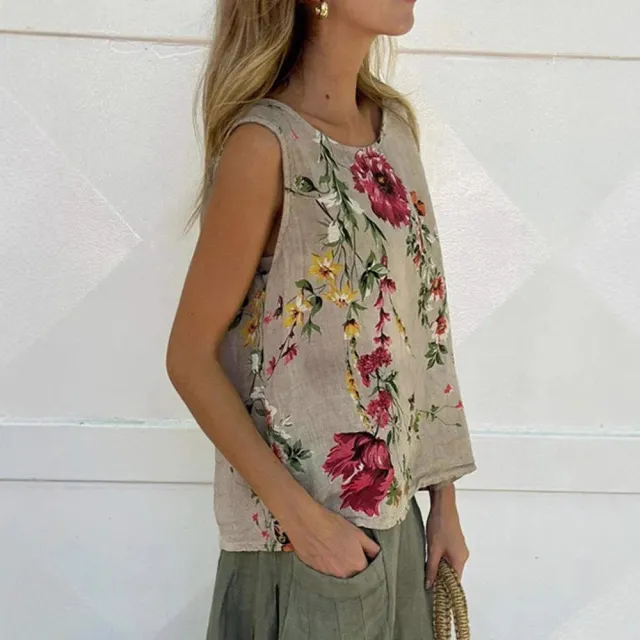 Round Neck Vest Casual Floral Cotton Linen Floral - Shop at LoveMi