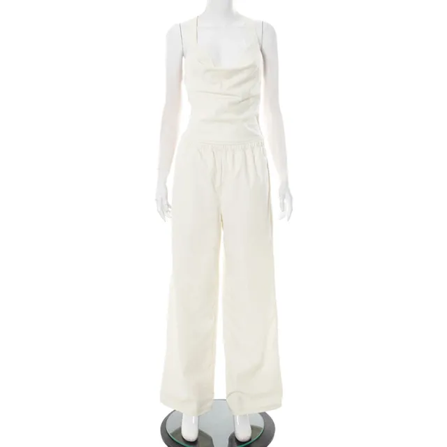 Solid Color Sleeveless Cross Strap Straight leg Trousers Suit Apricot - Shop at LoveMi