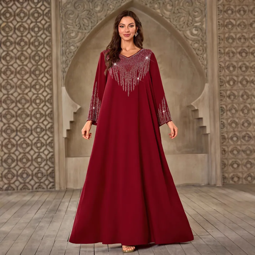 Fashion Rhinestone V-neck Casual Loose Dubai New Dress