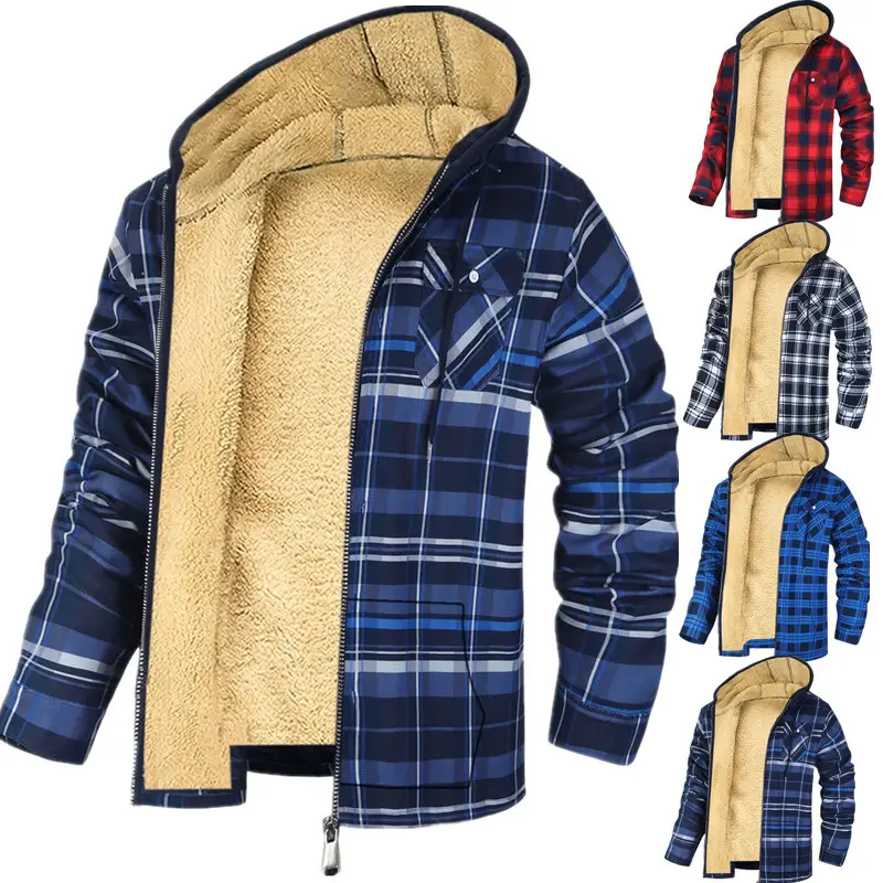 Men's Plaid Print Hooded Zip-Up Jacket Winter Thickened Cotton-padded