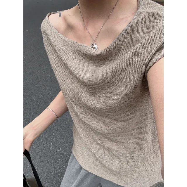 Wool Linen 3D Cutting One word Shoulder Small Blouse Short Sleeve Khaki - Shop at LoveMi