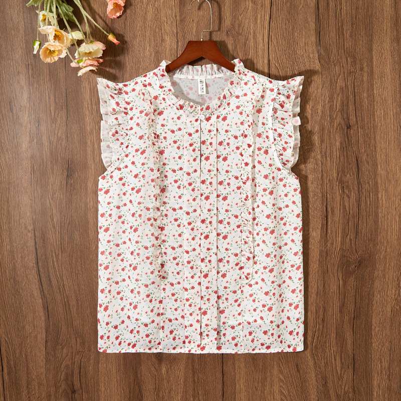 Sleeveless Ruffled Floral Women's Loose Sweet Chiffon Printed Top No 6 Color - Shop at LoveMi