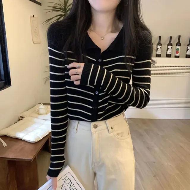 Women's Black And White Autumn Striped Sweater Top Black - Shop at LoveMi