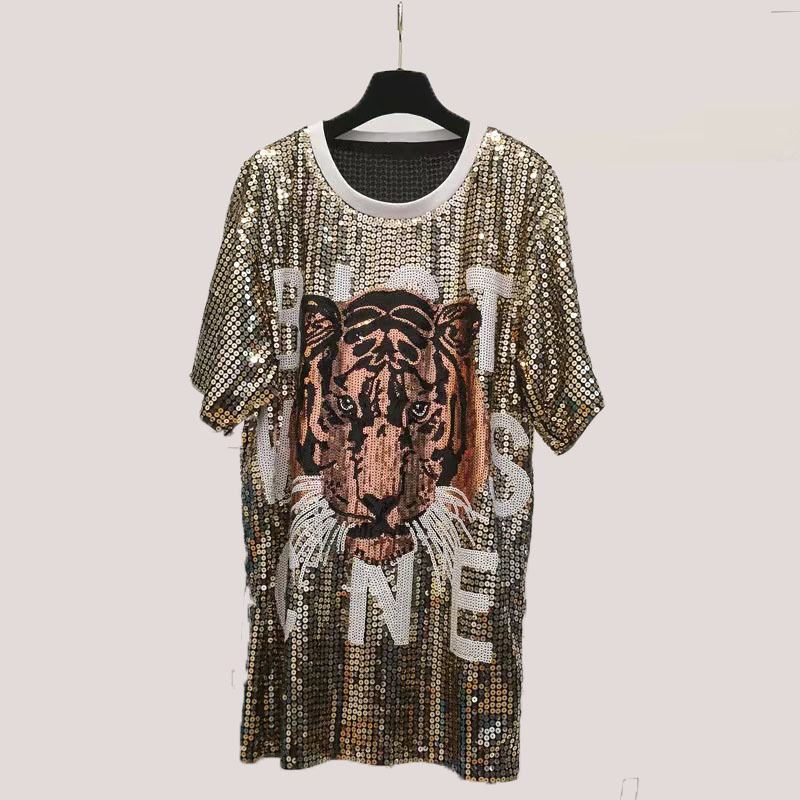 Sequins Loose-fitting T-shirt Round Neck Half Sleeve Top