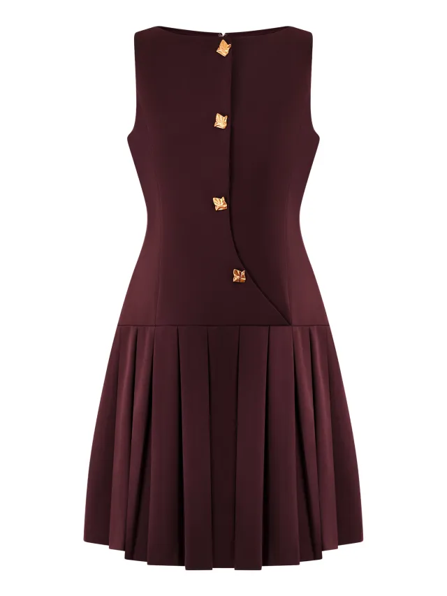 Minimalist Womens Dress With A Distinctive Pleated Cinched Waist Wine - Shop at LoveMi