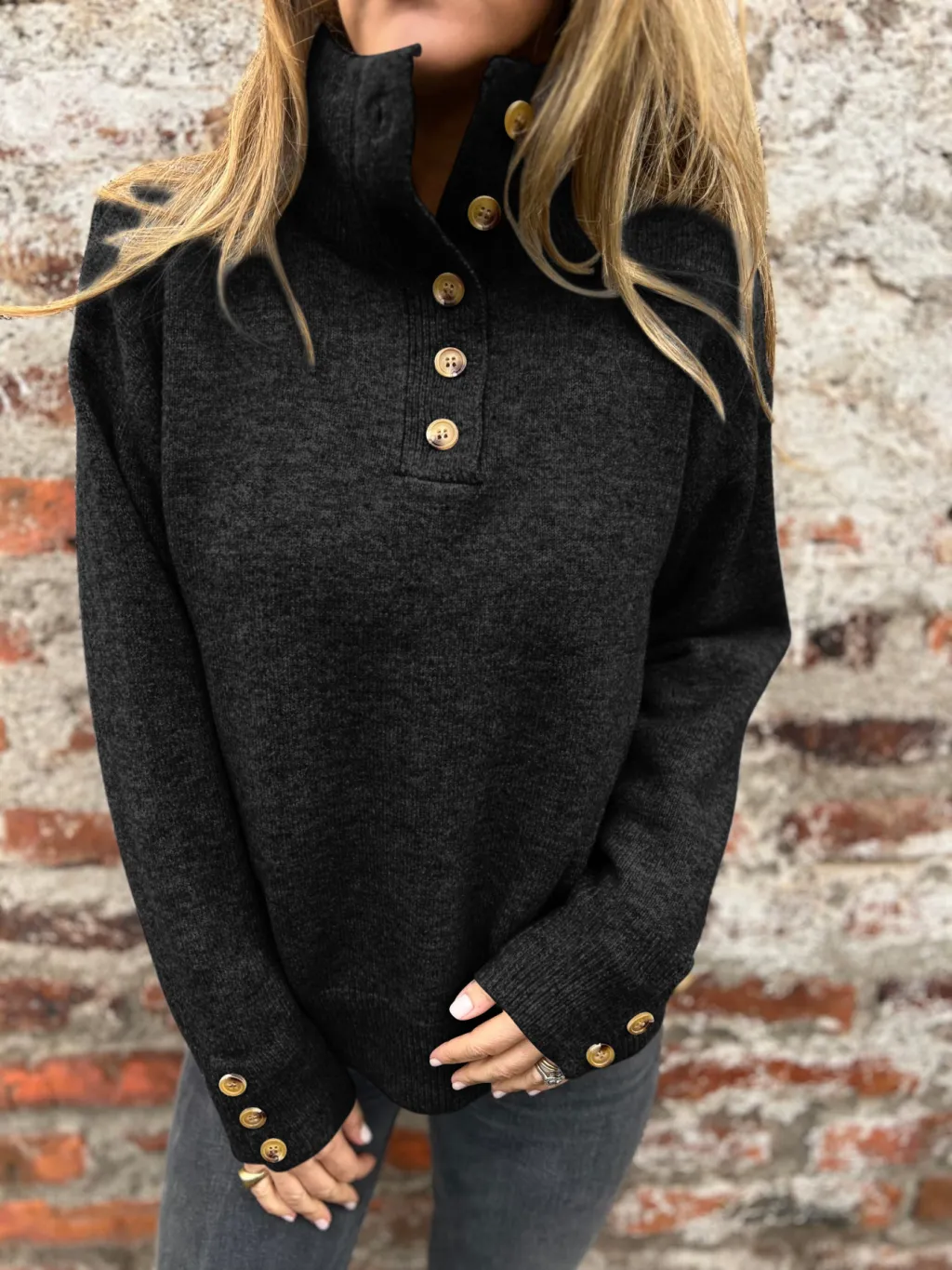 Stand Collar Buttons Casual Loose Sweater - Black