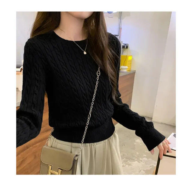 Ladies' Loose Twisted Round Neck Solid Color Sweater Black - Shop at LoveMi