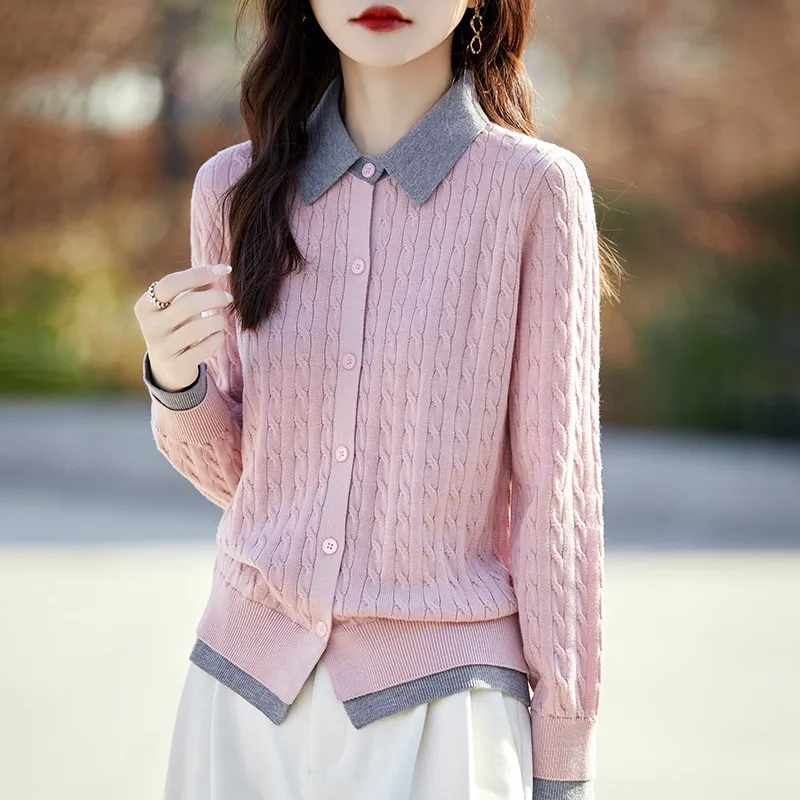 Women's Contrast Colour Fashion Slim-fit Cashmere Lapel Sweater - Pink