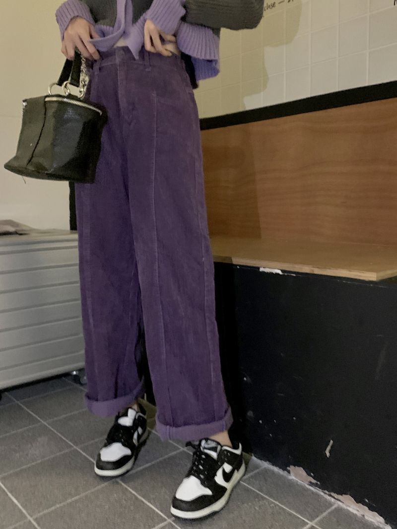 High Waist Slimming And Velvet Padded Straight Purple Corduroy Wide-leg Pants