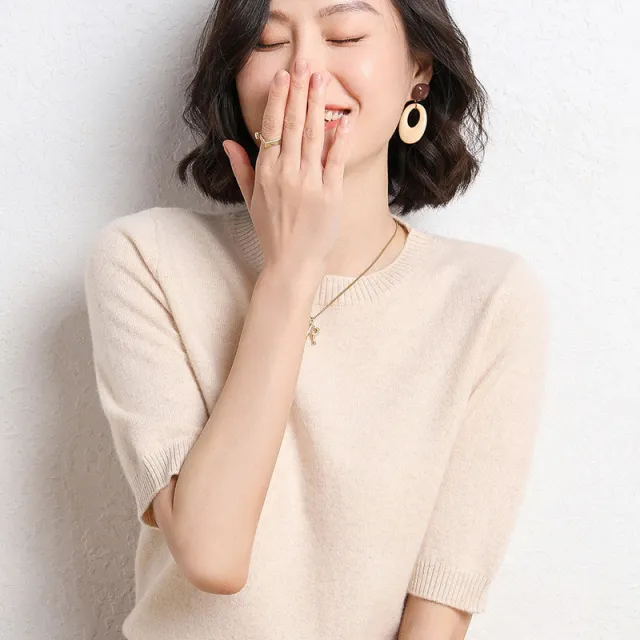 Knitted Short Sleeve Half Sleeve Round Neck Pullover Thin Wool Knitted Sweater Beige - Shop at LoveMi