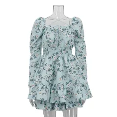 Printed Lace-up Square Collar Long Sleeve Elastic Waist Tulle Tutu Dress - Blue - View 1