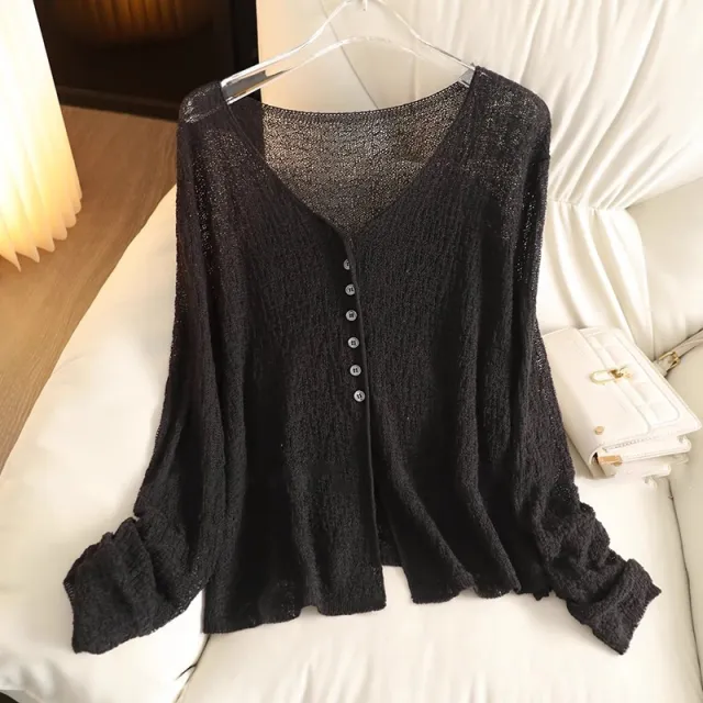 Women's Linen Cardigan With Skirt Collar Thin Hollow Breathable Black - Shop at LoveMi