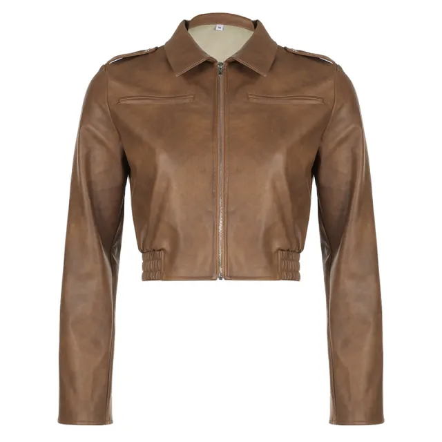 Women's Retro Style Lapel Long sleeved Leather Jacket Brown - Shop at LoveMi