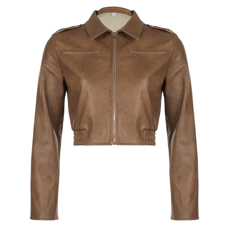 Women's Retro Style Lapel Long-sleeved Leather Jacket - Brown