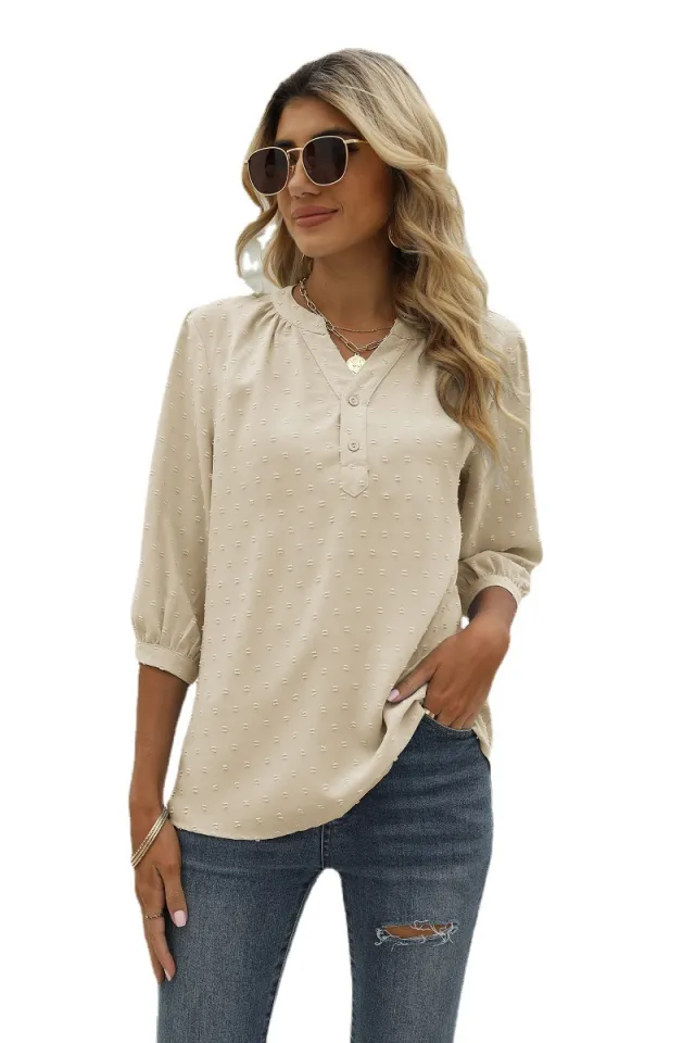 Women's Stand up Collar Medium sleeve Shirt Jacquard Fur Ball Casual Loose Top Apricot - Shop at LoveMi