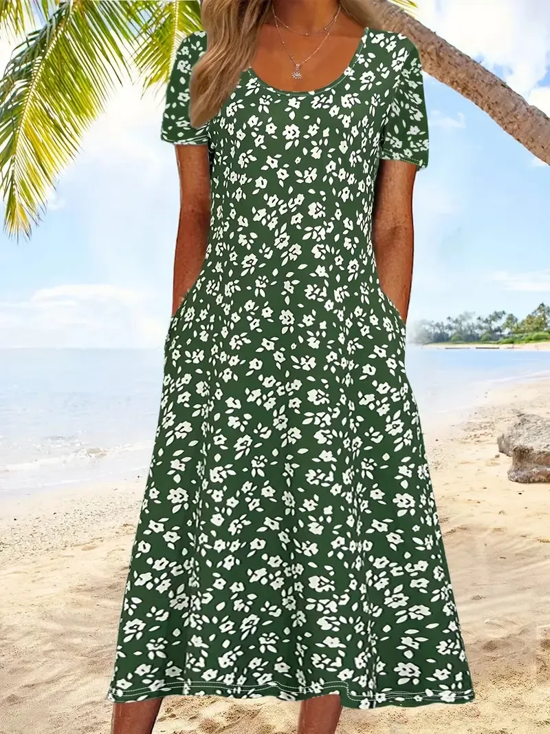Women's Fashion Floral Round Neck 3D Printing Dress - Xklyq Sx4052