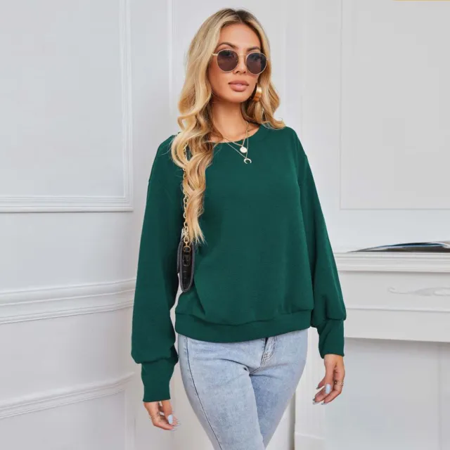 Solid Color Pullover Dark Green Women's Long Sleeve Loose Casual Top Green - Shop at LoveMi
