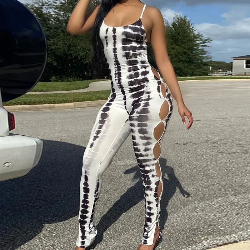 Women's Printed Backless Suspender Jumpsuit - White