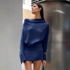 Waist-controlled Long Sleeves Dress Short Women's Commuting Wear - Blue - View 1