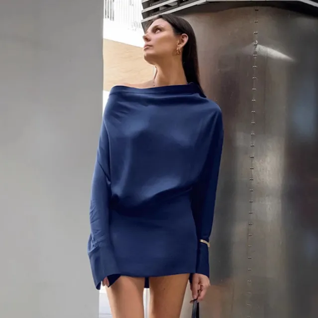 Waist controlled Long Sleeves Dress Short Women's Commuting Wear Blue - Shop at LoveMi