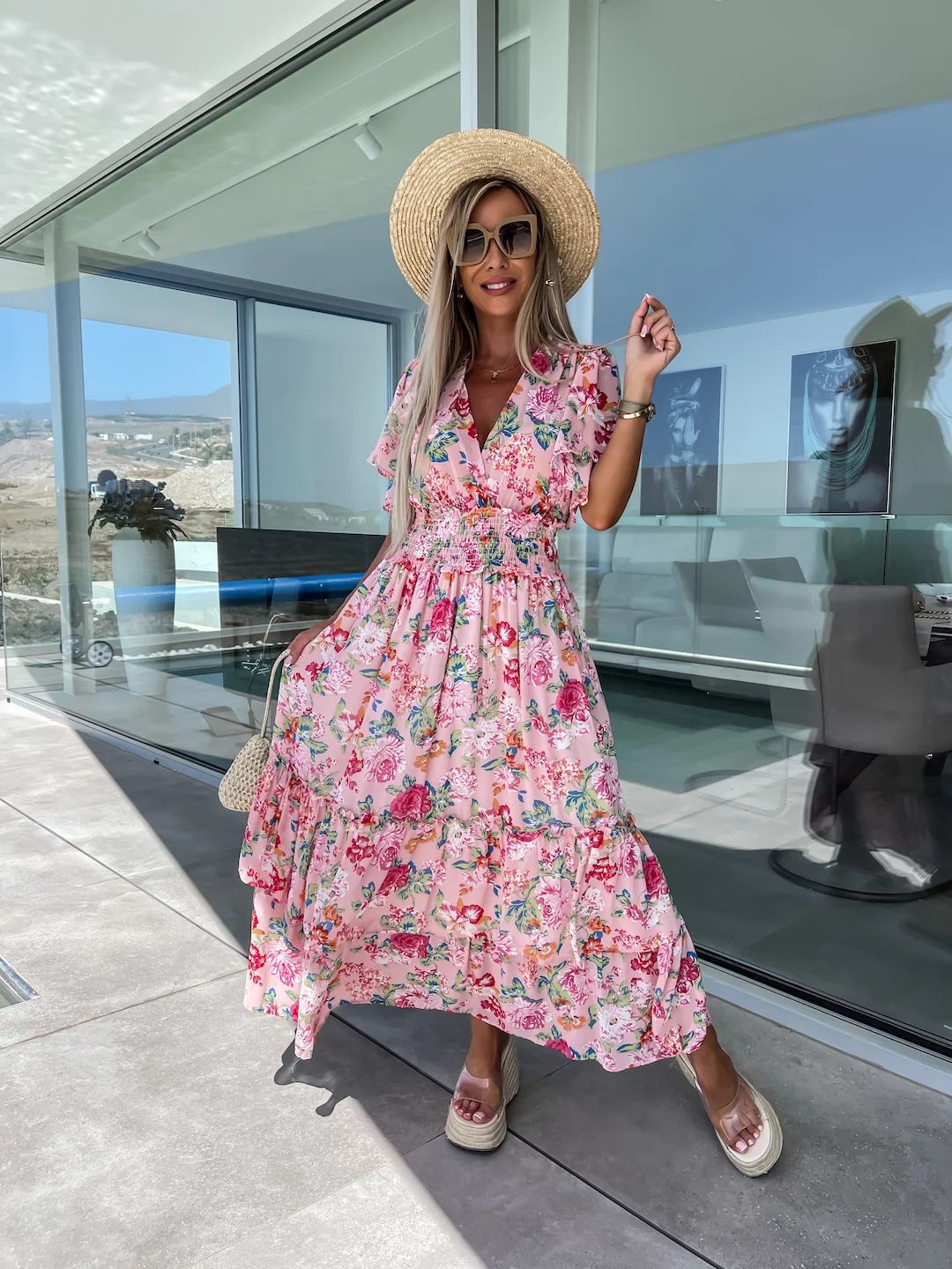 Summer Printed Short Sleeve Large Swing Skirt Dress Pink - Shop at LoveMi