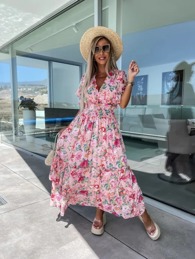 Summer Printed Short Sleeve Large Swing Skirt Dress Pink - Shop at LoveMi