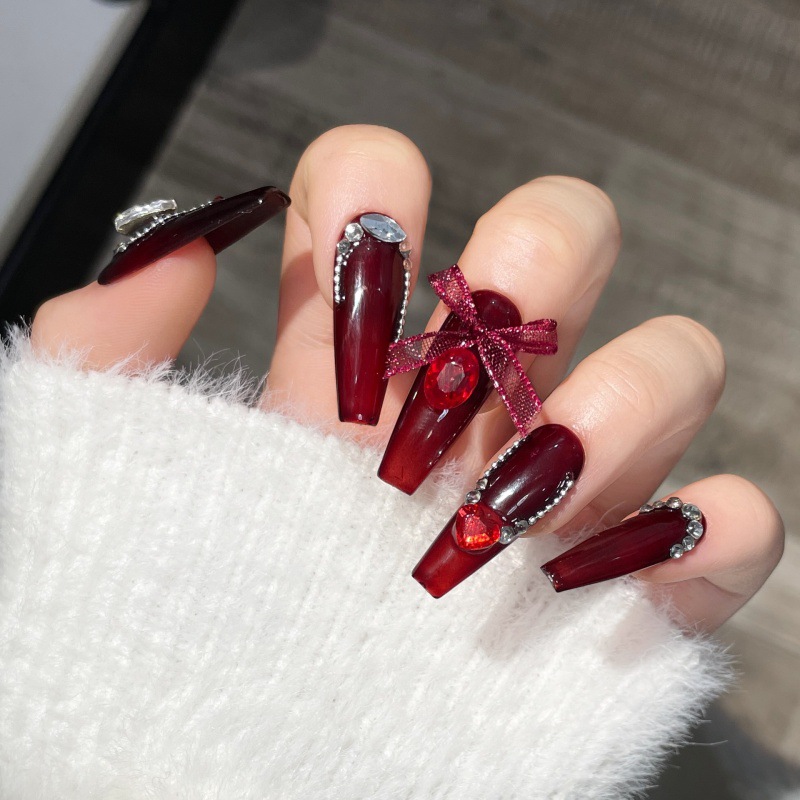Handmade Wear Nail White Cherry Red Cat Eye Nail Stickers