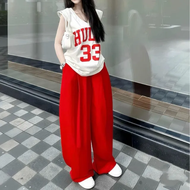 Women's Summer Loose V neck Sleeveless T shirt Drooping Wide leg Pants Casual Street Style Two piece Set White - Shop at LoveMi