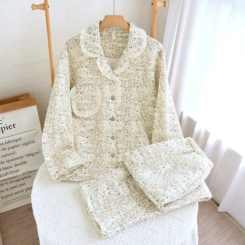 Air Layer Pastoral Floral Lace Lapel Pajamas Suit - Field Girl
