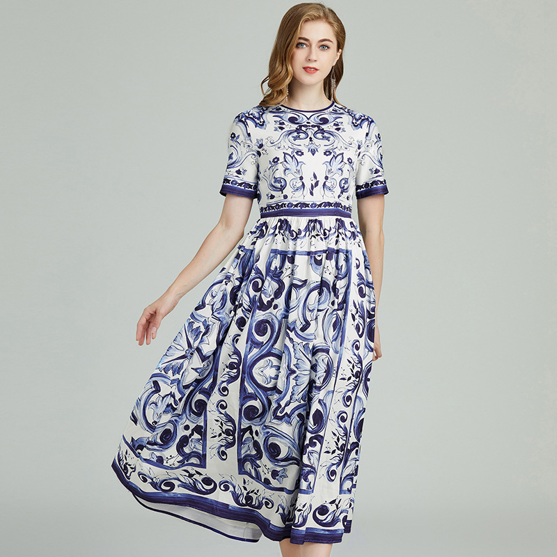 Spring And Summer Blue And White Porcelain Printed Large Swing Short Sleeve Dress White - Shop at LoveMi