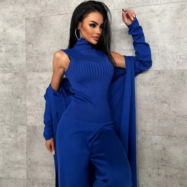 Women's Fashion Casual Knitted Three piece Suit Blue - Shop at LoveMi