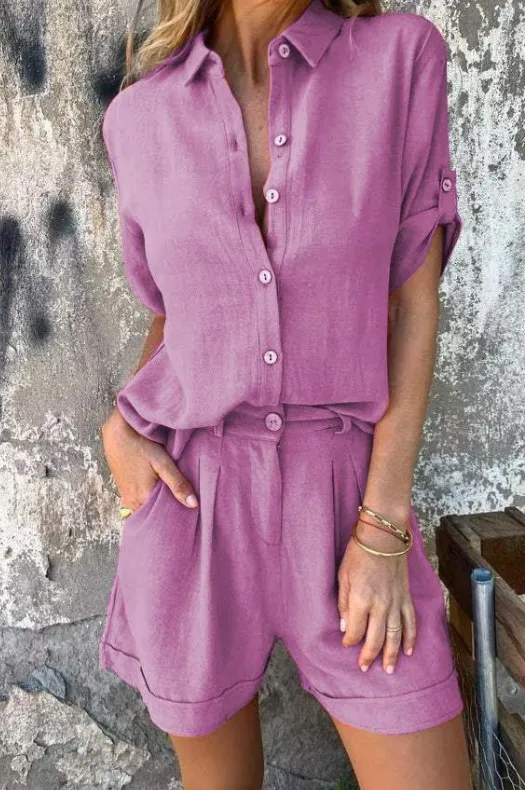 Short sleeved Suits Fashion Lapel Button Shirt Top And Pocket Shorts Women's Clothing Purple - Shop at LoveMi