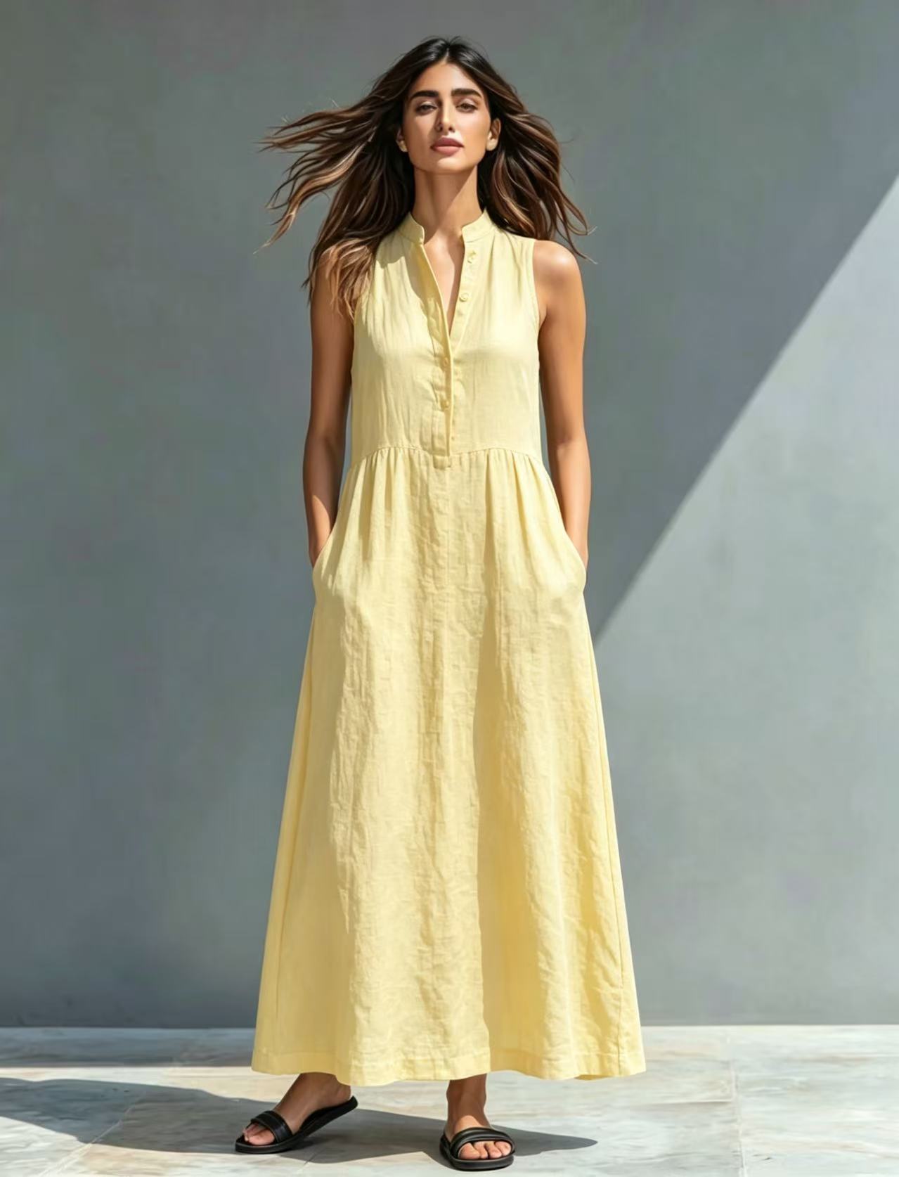 Women's A-Line Maxi Dress in Yellow – casual summer flowy dress