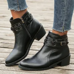 Women's Ankle Pointed-toe Side Zip Thick Heel Rivet Leather Boots - Black - View 1