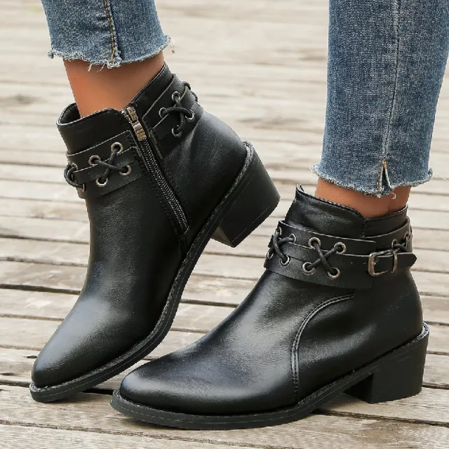 Women's Ankle Pointed toe Side Zip Thick Heel Rivet Leather Boots Black - Shop at LoveMi