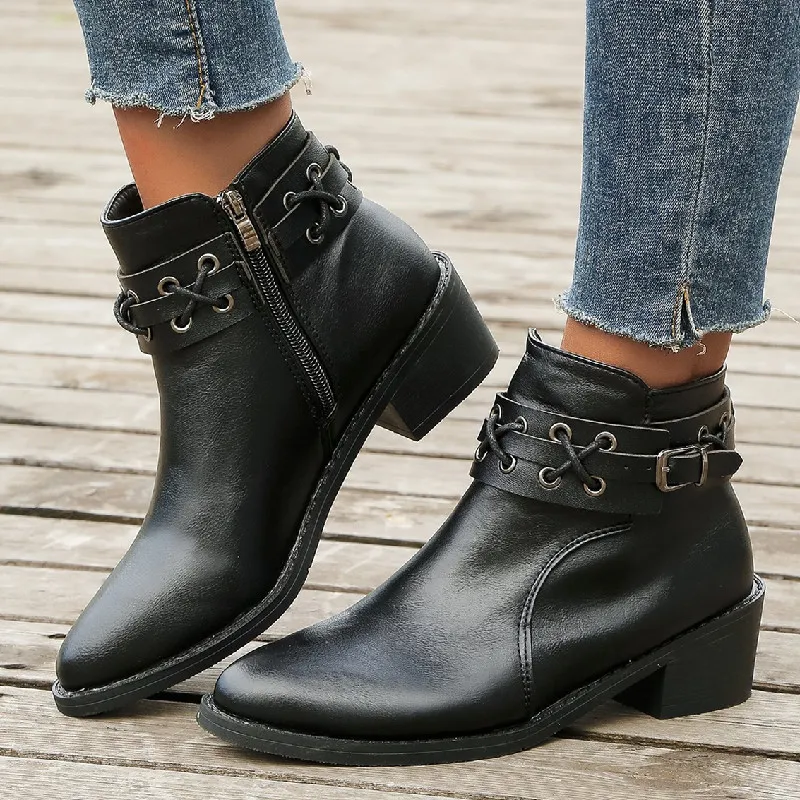 Women's Ankle Pointed-toe Side Zip Thick Heel Rivet Leather Boots - Black