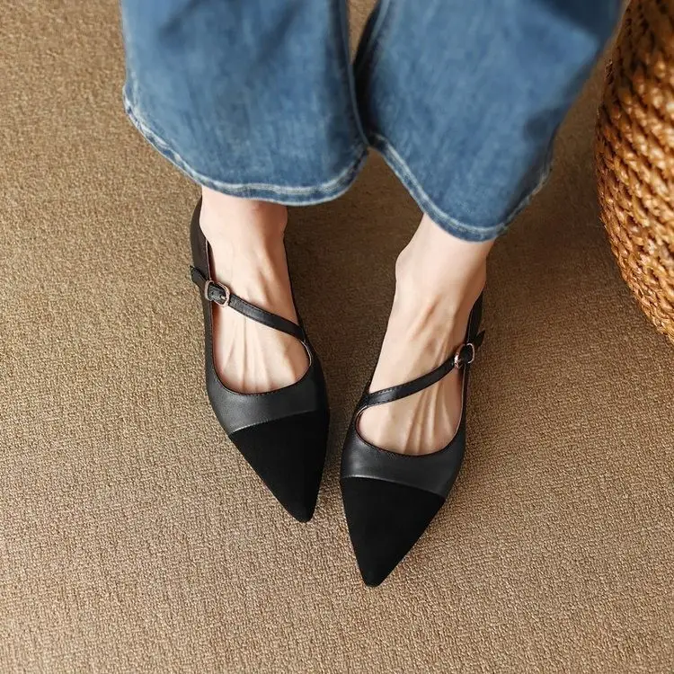 Womens Flat Shallow-Vamp Patchwork French-Style Retro Soft-Soled Shoes